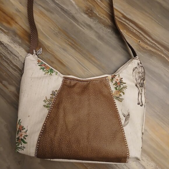 New Western Deer Top handle Shoulder Bag Purse Brown Ivory Crescent Baguette - Picture 1 of 7